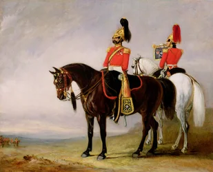 Oberst James Charles Chatterton (1792-1874) von den 4th Royal Irish Dragoon Guards auf seinem Streitross, begleitet von seinem Trompeter, um 1849